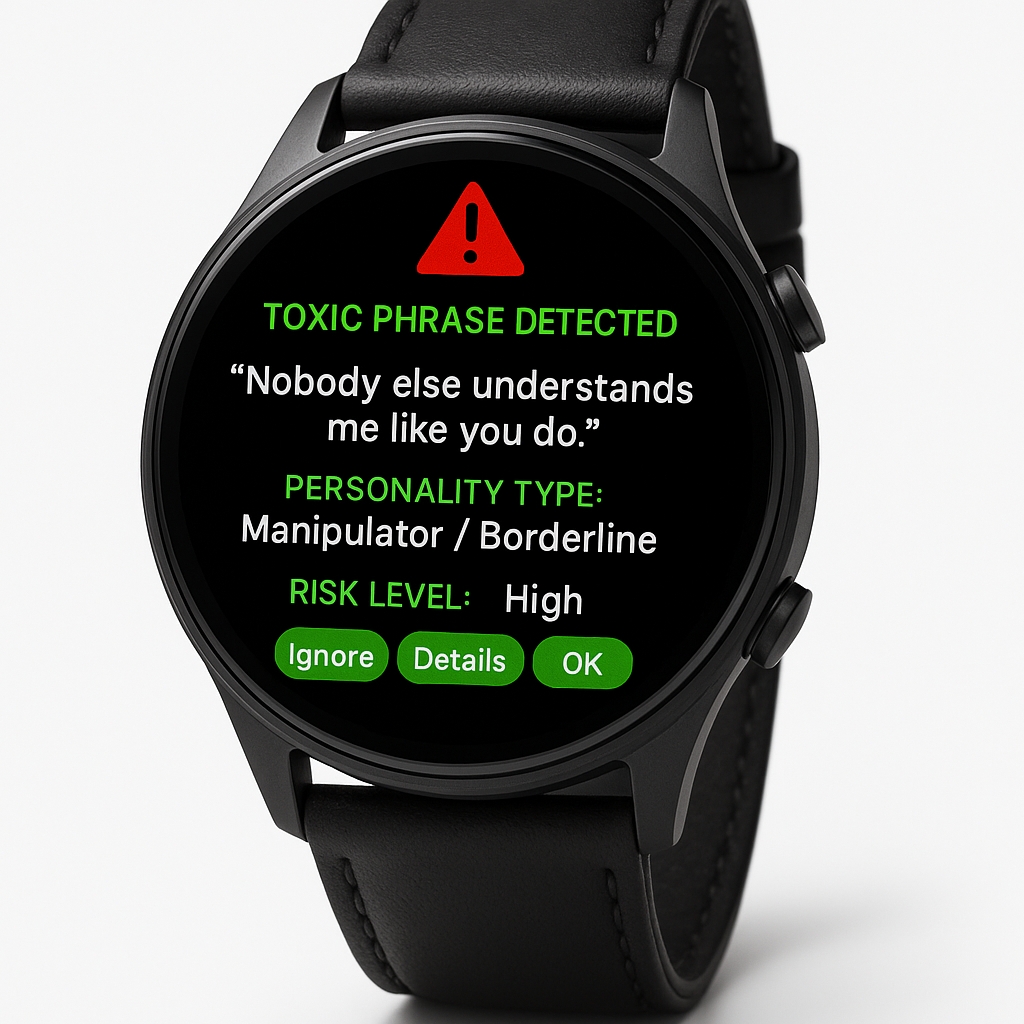 Round digital watch showing an AI Toxic Radar alert